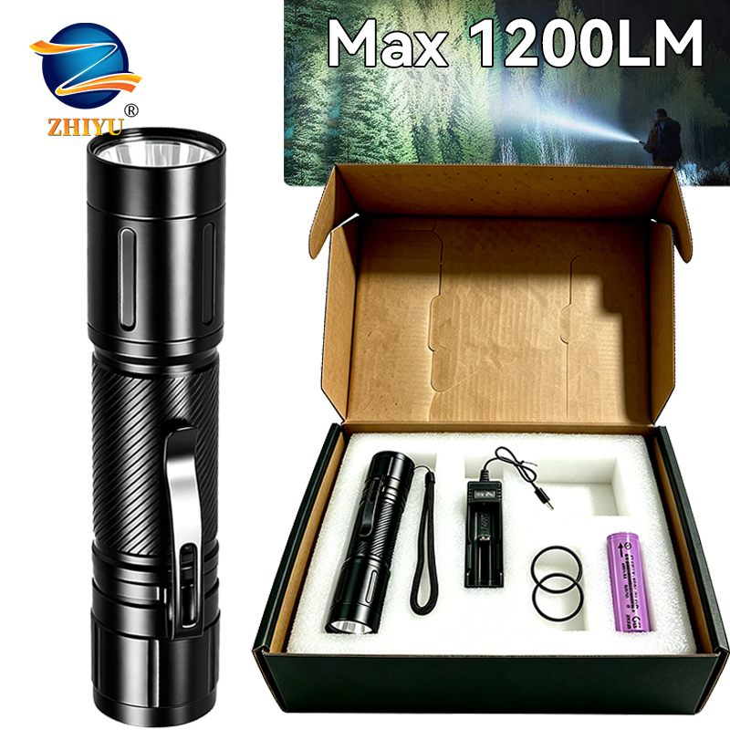 Outdoor Lighting Battery Powered - 1200LM 固定焦点 LED 懐中電灯ペンクリップヘッドランプ付き強力スポットライト、屋外防水トーチ使用外部 21700 バッテリー