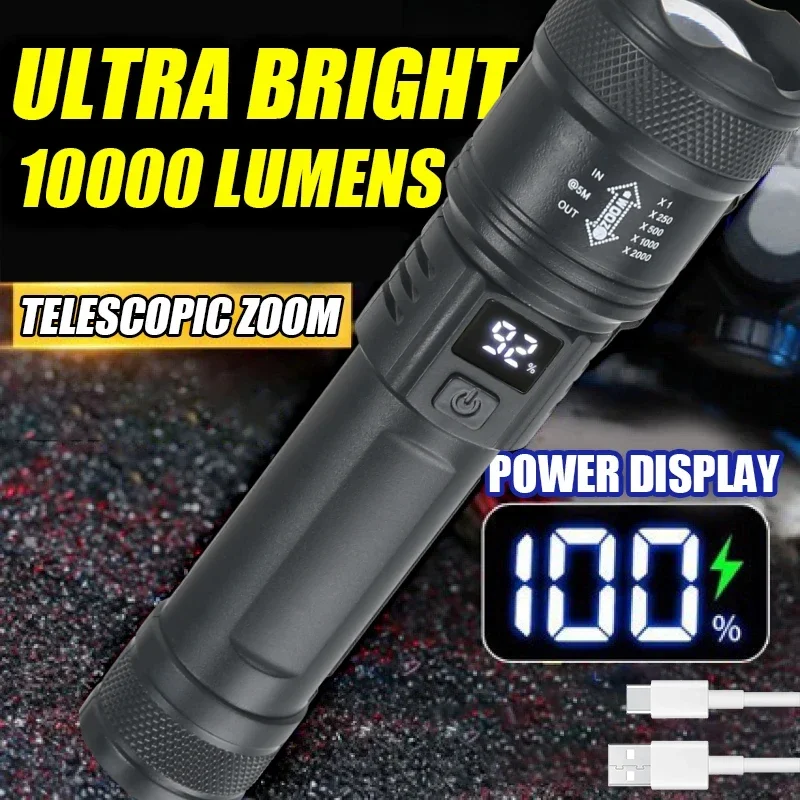 Outdoor Lighting Battery Operated - バッテリーディスプレイ付きの強力なLED懐中電灯,USB充電式ライト,伸縮ズームトーチ,屋外キャンプ用ランプ,釣り用ランタン,9900lm