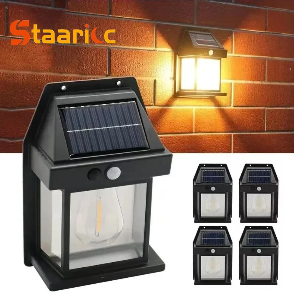 Outdoor Lighting Traditional - 屋外ソーラータングステンウォールライト、モーションセンサー付きIP65防水LED安全灯、パティオ、屋外デッキ、ポーチ、納屋、ガレージ用