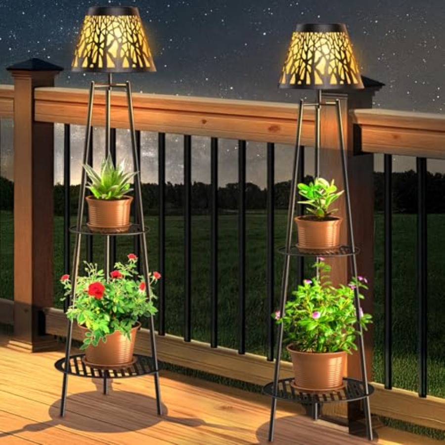 Outdoor Lighting Lamps - 2パック屋外ソーラーフロアランプ、植物スタンド付き、防水メタルガーデンライト、2段棚付き、装飾LEDコードレスパット