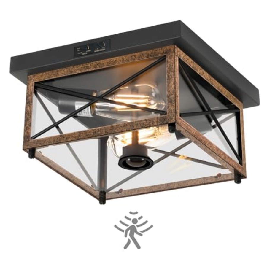 Outdoor Lighting With Motion Sensor - モーションセンサー付き屋外シーリングライト、屋外用フラッシュマウントポーチシーリングライト、2灯式ファームハウスメタル天井に近い位置に設置できるライト