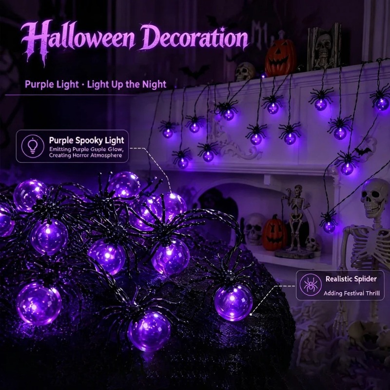 電池式スパイダーLEDストリングライト、ハロウィン屋外装飾、 - Outdoor Lighting Battery Powered のレビューと価格