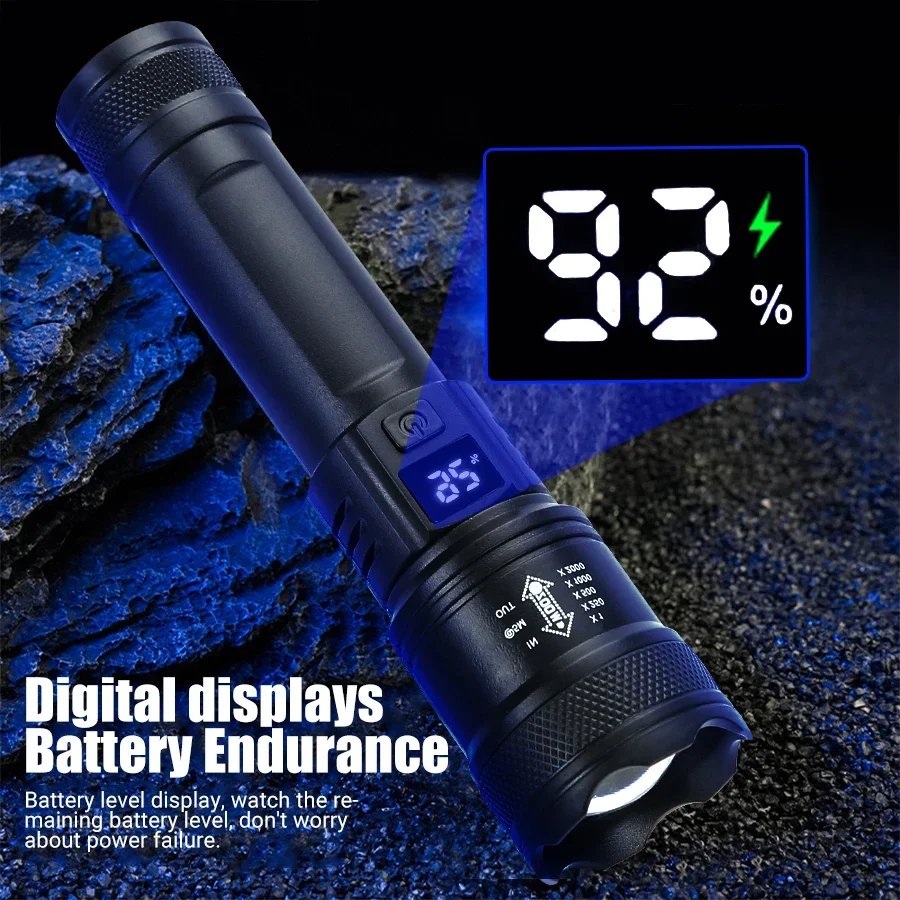 バッテリーディスプレイ付きの強力なLED懐中電灯,USB充電 - Outdoor Lighting Battery Operated のレビューと価格