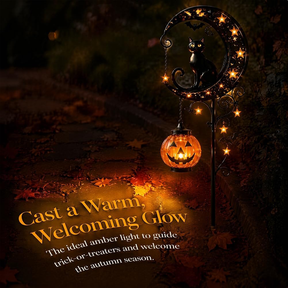 ソーラーハロウィン黒猫＆パンプキンムーンガーデンステークライ - Outdoor Lighting Traditional のレビューと価格