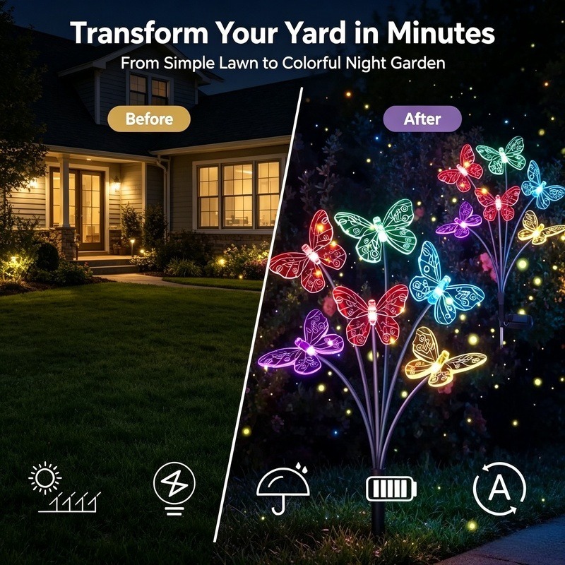 ソーラー式バタフライライト、防水LEDガーデンステークライト - Outdoor Lighting Battery Powered のレビューと価格
