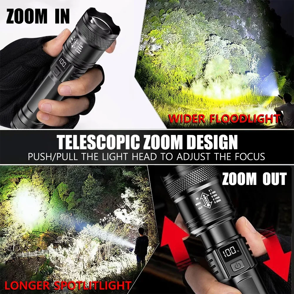 充電式 LED 懐中電灯 ズーム可能なトーチ LCD ディス - Outdoor Lighting Guide のレビューと価格